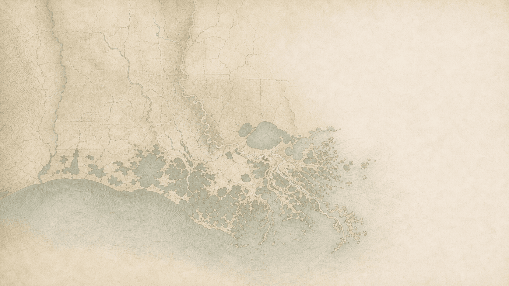 Illustrated map of South Louisiana and its Gulf Coast