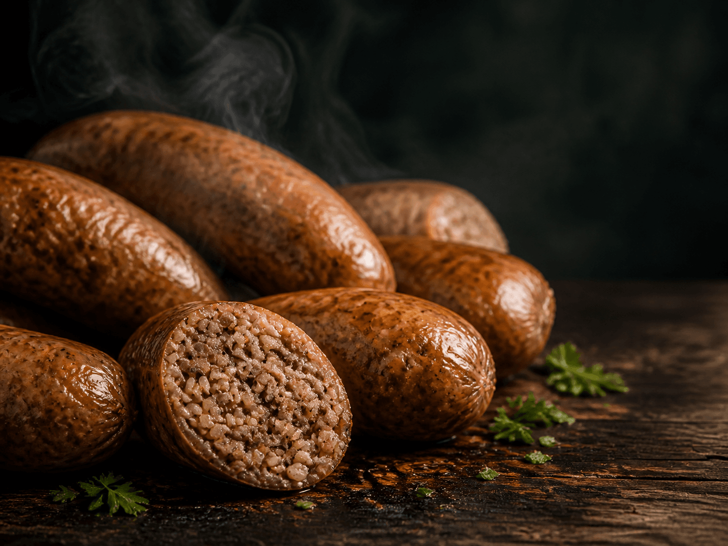 Cut Louisiana boudin showing meat, rice, aromatics, and casing